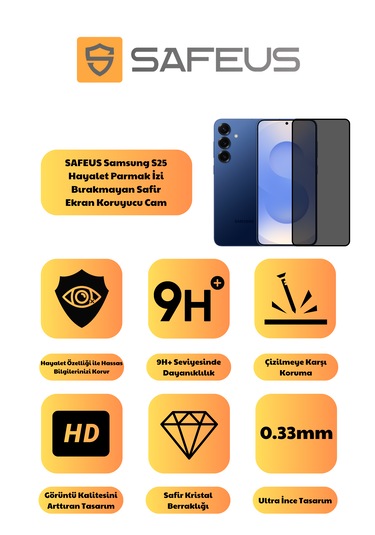Safeus Tam Kaplayan Hayalet Parmak İzi Bırakmayan Safir Ekran Koruyucu Cam , Samsung S25 İle Uyumlu