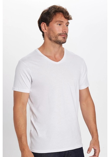 Unisex 2'li Paket Siyah-beyaz Slim Fit Dar Kesim %100 Pamuk V Yaka Tişört-33125 Siyah - Beyaz