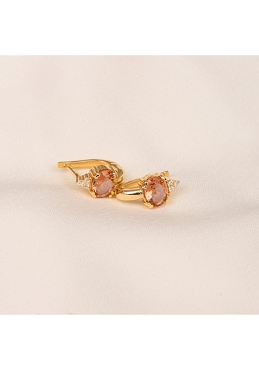 Altın Küpe - 14 Ayar Altın Oval Zultanit Taşlı Tektaş Küpe Sarı