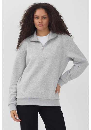 Unisex Regular Fit Rahat Kesim Pamuklu Içi Polarlı Yarım Fermuarlı Gri Dik Yaka Sweatshirt Gri