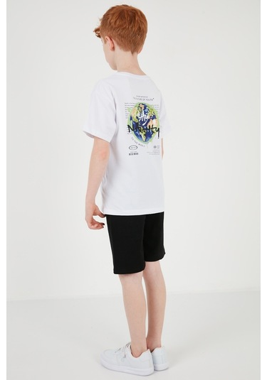 Lela Pamuklu Baskılı Bisiklet Yaka Kısa Kollu Şortlu Erkek Çocuk Takım 6212010 Beyaz