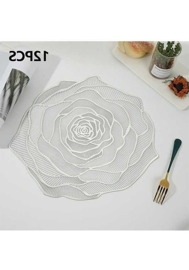 Fastbuy Rx3307 12 Adet Pvc Yemek Masası Placemat Isıya Dayanıklı Kaymaz Gül Desen Masa Mat Gümüş Renk Gümüş
