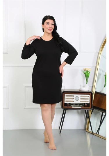 Giyim Kadın Büyük Beden Penye Gecelik Ev Elbisesi Siyah Siyah