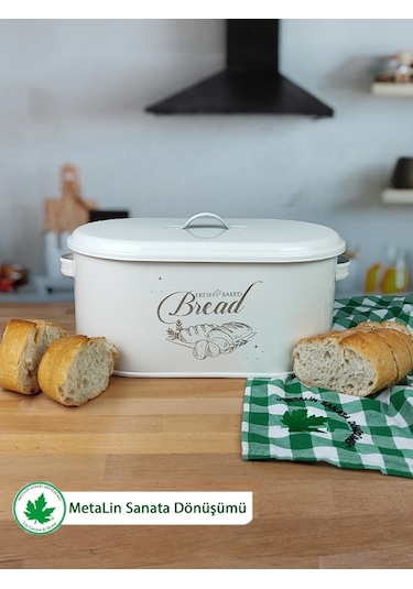 Lin Metal Metal Kapaklı Ekmeklik (Bread Baskılı) - Krem