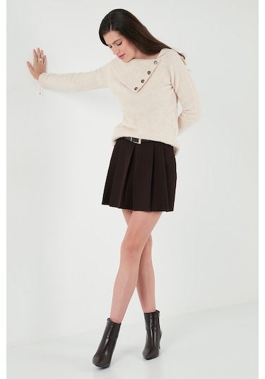 Lela Premium Regular Fit Kayık Yaka Düğme Detaylı Bayan Kazak 680Kz002563 Taş