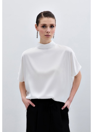 Sateen Yarasa Kol Salaş Bluz - Ekru-135940 Ekru