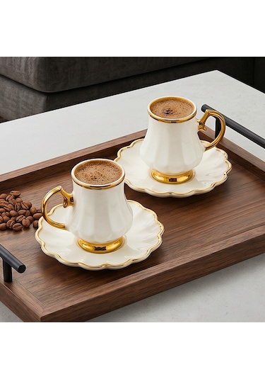 Porsima A-500 İnci 6 Kişilik Porselen Altın Yaldızlı Fincan Seti 12 Parça Türk Kahvesi Fincanı Takımı-90ml Beyaz - Altın