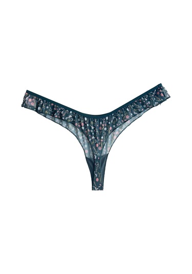 Tenan Yeşili Çiçek Desenli Tül Kenarları Fırfırlı Tanga Külot T.Yeşili