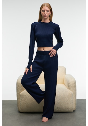 Grımelange Marıposa Kadın Yuvarlak Yaka Çizgi Desenli Crop Geniş Paça Triko Lacivert Alt-üst Takım Lacivert