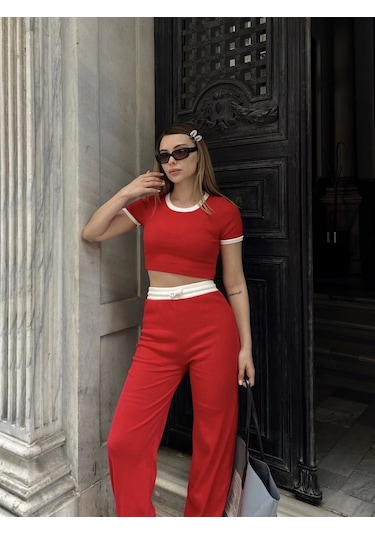 By Mop Crop Pantolon Biyeli Takım Kırmızı Kırmızı