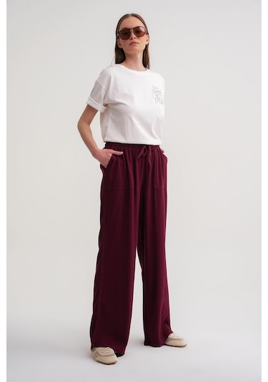4629 Kadın Bol Paça Yüksek Bel Viskon Palazzo Pantolon Bordo Bordo
