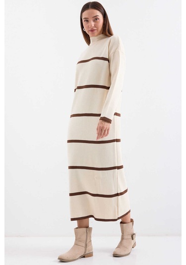 Gabria Kalın Çizgili Triko Elbise Bej