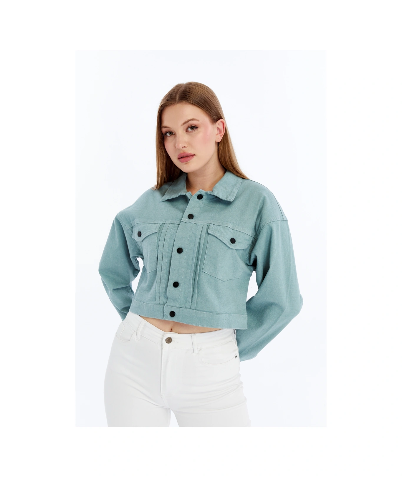 Kadın Bomber Gabardin Ceket Çıt Çıt Düğmeli Kolej Kot Ceket Cepli Renkli Kolay Kombinlenebilen Ceket Yeşil