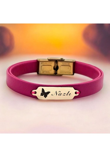 Archin Nazlı İsmine Özel 14 Ayar Altın Plakalı Doğal Pembe Derili Kelebek Figürlü Hediye Bileklik-651isim Nazlı