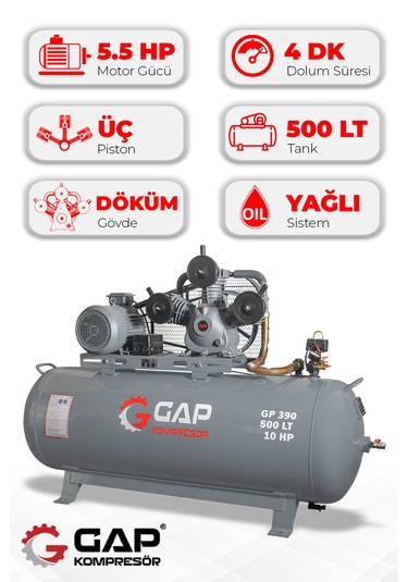 Gap Kompresör Gp390 Hava Kompresörü Pistonlu 500lt 3 Kafa 8 Bar 10 Hp