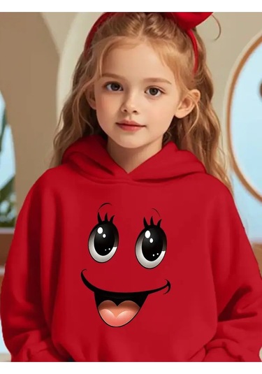 Kışlık Kapüşonlu Sweatshirt, Çocuk Sevimli Gülücük Desen Kırmızı