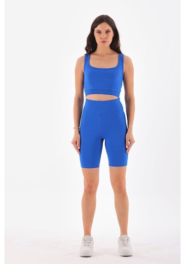 Kallima Mavi Toparlayıcı Esnek Fitilli Spor Crop-biker Tayt Takım