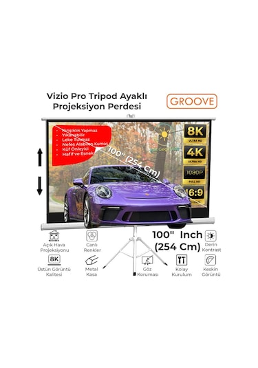 Groove Vizio Pro 100 Inch 220x125cm Blackout Işık Geçirmez Tripod Ayaklı Projeksiyon Perdesi