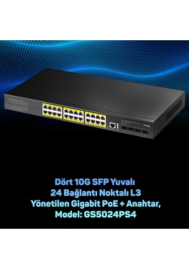 Cudy GS5024PS4 4SPF USB+ RJ45 2 Consol 24port Gigabit l3 400 W Poe+ Yönetilebilir Metal Rack Mount Switch