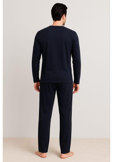 Erkek 65110 Uzun Kol % 100 Pamuk Pijama Takımı Lacivert Lacivert