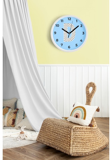 D Harfi Erkek Odası Duvar Saati - 42cm - Önü Camlı Beyaz Kasa - Sessiz Mekanizma Beyaz