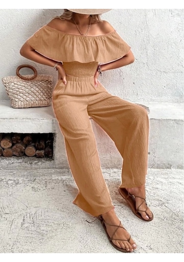 Kadın Aerobin Kumaş Fırfır Detaylı Madonna Yaka Takım Krem