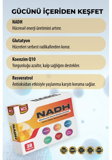 Nadh Safran Koenzim Q10 Glutatyon Teanin L-arjinin Resveratrol 30 Tablet L-sitrulin D-riboz