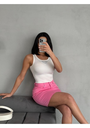 Zeo Basic Dikiş Detaylı Mini Pink Etek Pembe