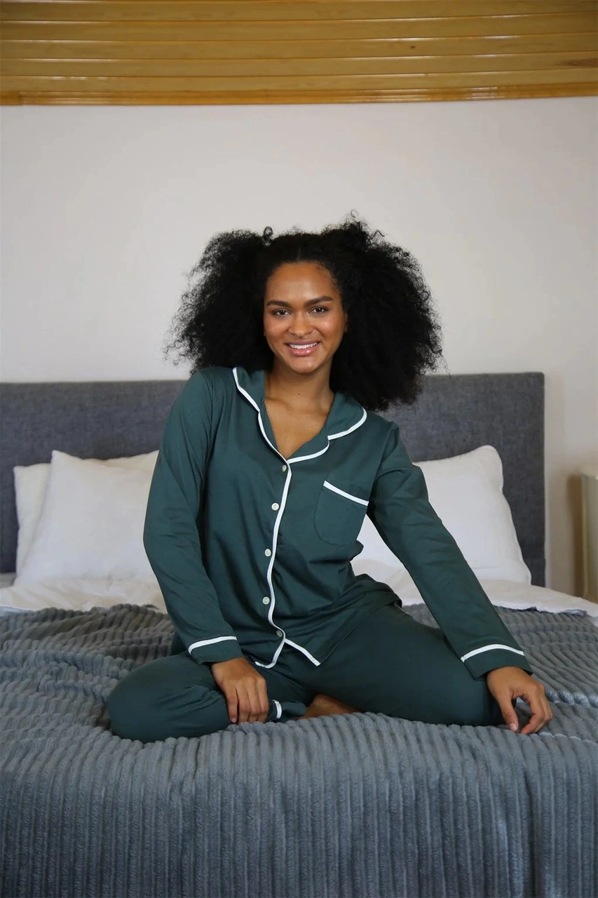 Moda Kadın %100 Pamuk Penye Önden Düğmeli Uzun Kol Pijama Takım Yeşil Yeşil