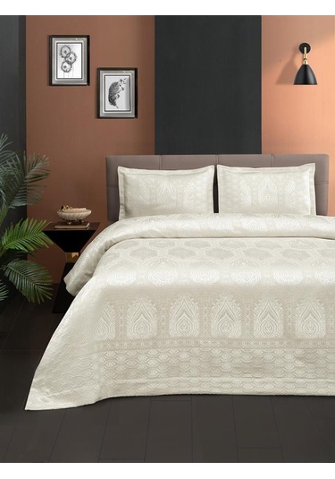 Jakarlı Grena Yatak Örtüsü Seti Krem