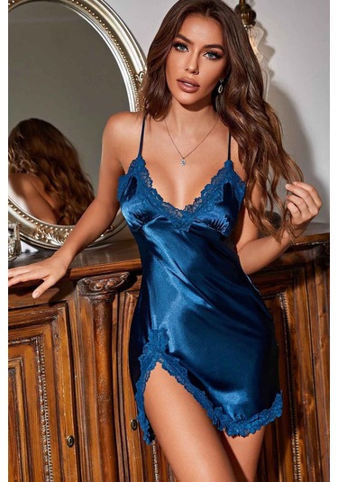 Merry See Şık Dantelli Yırtmaçlı Saten Gecelik Mavi