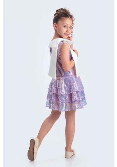 Etekli Şık Elbise Pullu 3 Kat Lila