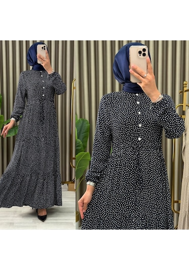 Kadın Puantiyeli Siyah Renk Viskon Kumaş Ön Düğmeli Ayarlanabilir Kuşaklı Tesettür Elbise Siyah