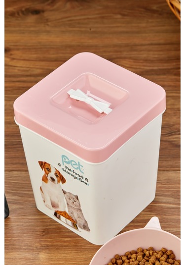 Evcil Hayvan Kedi Ve Köpek Mama Saklama Kabı & Mama Kabı Seti Kürek Hediyeli 3'lü Set - Pembe