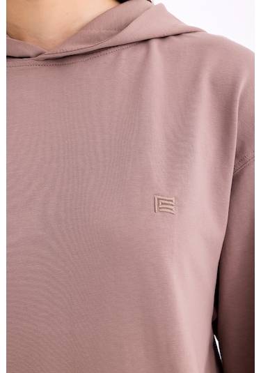 Pastelastore Pamuklu Kapüşonlu 2 İplik Baharlık Oversize Sweatshirt Vizon