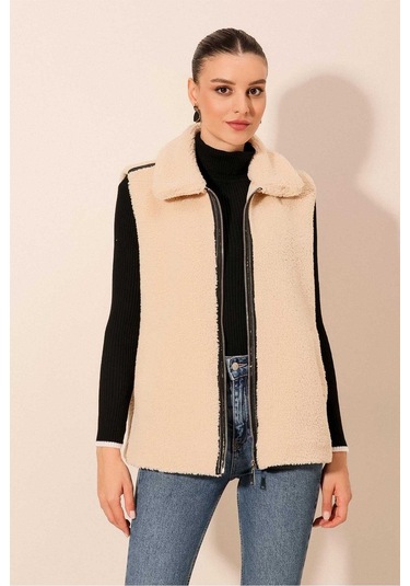Gabria Fermuarlı Peluş Yelek Krem