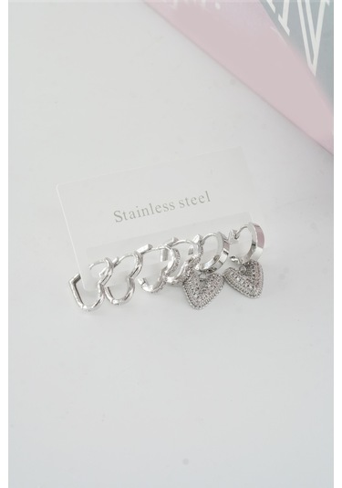 By Zeyna Aksesuar Kadın Vip Seri Baget Zirkon Taşlı Kalp Model Klipsli 6'lı Set Küpe-5108 Gümüş