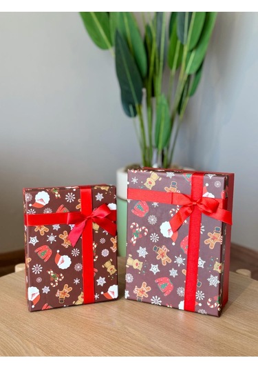 Yılbaşı Temalı 3 Lü Dekoratif Fiyonklu Hediye Kutusu Kahverengi Orta-büyük Boy 35x25x13 Cm