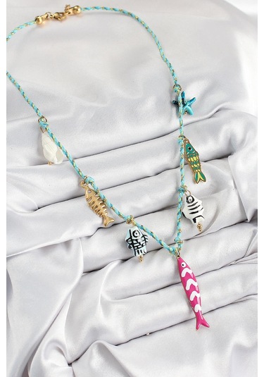 Seramik Motifli Pembe Balık Figürlü Model Mavi İp Kadın Kolye Çok Renkli