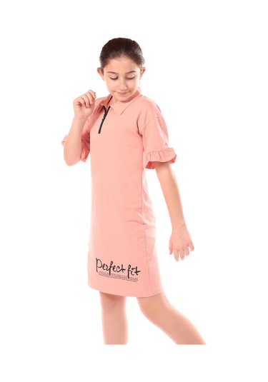 Toontoy Kız Çocuk Yakalı Fermuar Detaylı Perfect Fit Baskılı Elbise Koyu Pudra