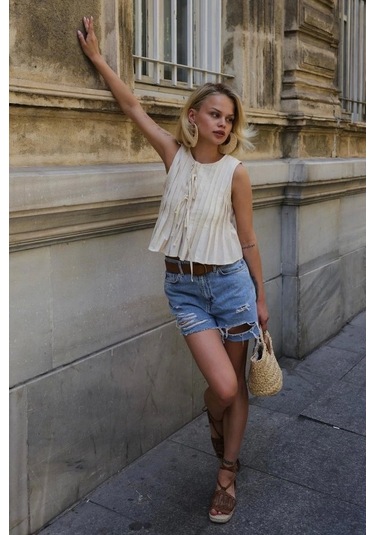 Pileli Bağlamlı Bluz - Natür Natür