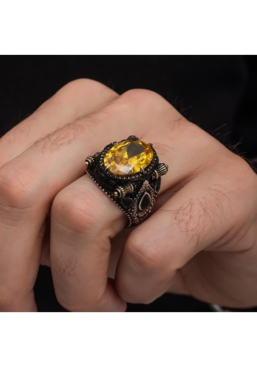 Sarı Sitrin Taşlı 925 Gümüş Erkek Yüzük Beyaz