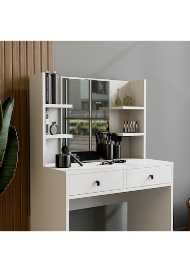 2210 Shıny Aynalı 2 Çekmeceli 80 Cm Makyaj Masası Beyaz