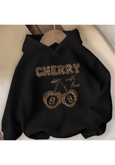 Kışlık Kapüşonlu Sweatshirt, Kiraz Leopar Baskılı Yeni SiYAH