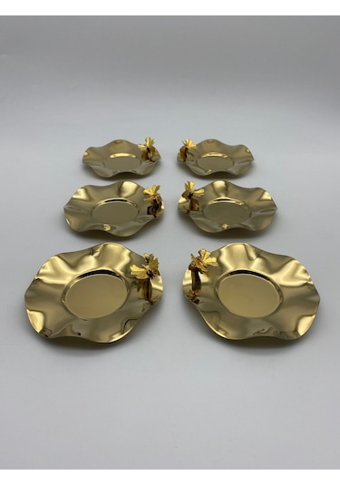 6'lı Kelebekli Gold Dalgalı Model Paslanmaz Çelik Çay Tabağı, Fincan Ve Kupa Altlığı Gold