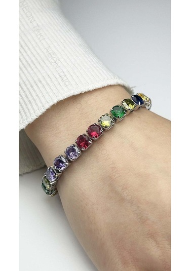 Bileklik 40, Su Yolu, Çok Renkli Zirkon Taşlı, Zincir Bileklik, Gümüş Renk Gümüş