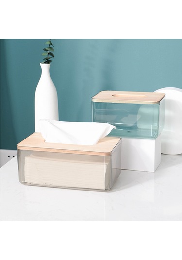 Xindoker Büyük Boy Pembe Ahşap Kapaklı Şeffaf Masaüstü Havlu Kutusu - Modern Stili Ev Ofis Banyo Dekoratif Depolama Pembe