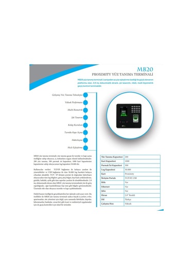 Mb 20 Yüz Tanıma Terminali Proximity
