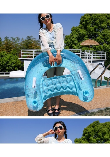 Ikkb Yetişkin Açık Su Eğlence Pvc Şişme Şeffaf U Şeklinde Payetli Şezlong Mavi
