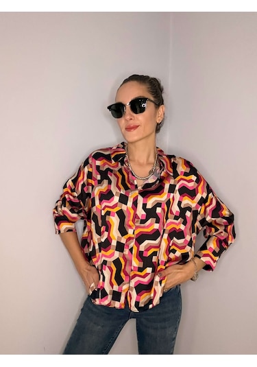 Ali Butik Retro Pembe Desenli Saten Gömlek Pembe